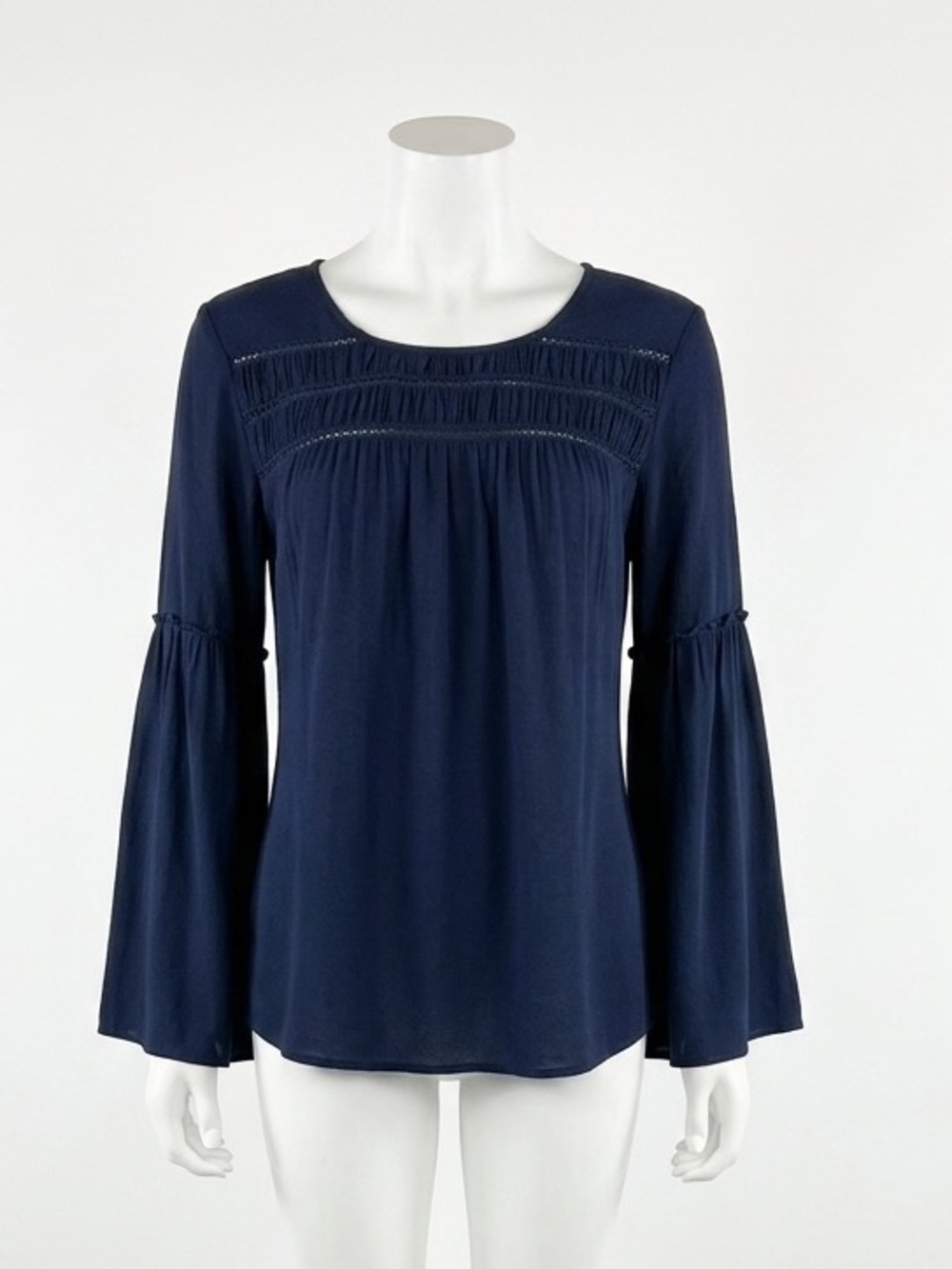 Westbound Navy Blue Bell Sleeve Boho Crochet Lace Inset Peasant Blouse Large L
